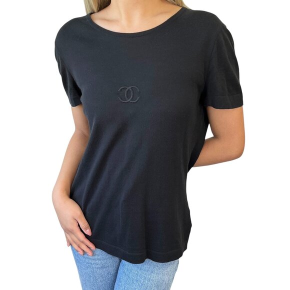 CHANEL Vintage 95P CC Mark Logo T-shirt #40 Short Sleeve Top Black [103906]